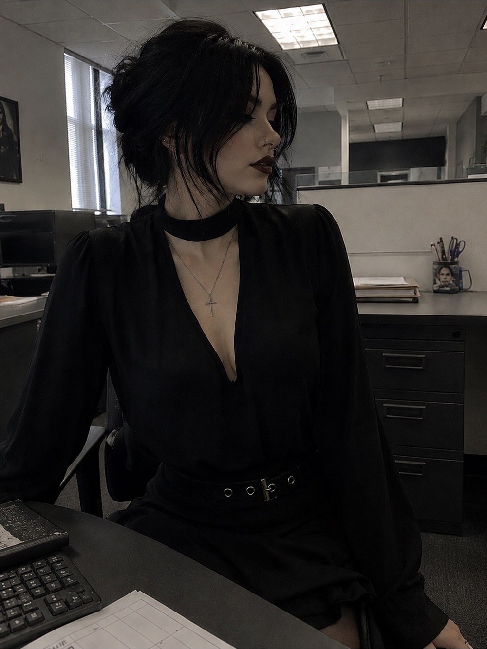 Womens Office Black V-Neck Essential Comfy Long Sleeve Top with Choker Detail